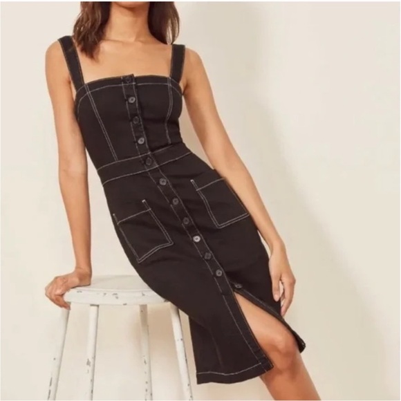 Reformation Jeans Roxanna Black Denim Pencil Dress NWT Size 6 Button Front - Picture 3 of 15